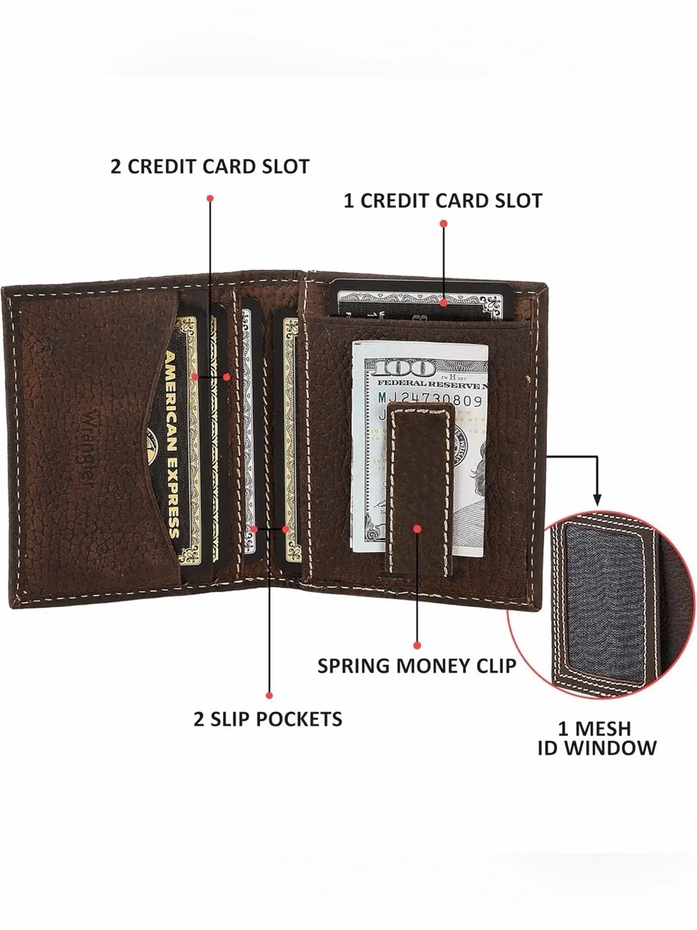 Wrangler (USED) Men's Bifold Wallet + Money Clip & Genuine Leather
